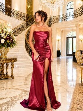 Burgundy Satin Strapless Gown – Corset Waist prom jewel tone